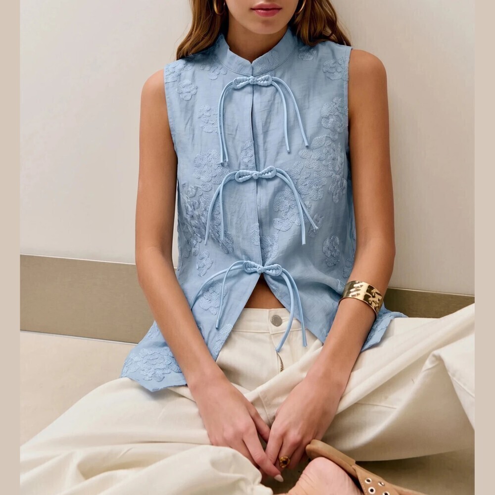 Dusty Blue Floral Jacquard Tie Front Stand Collar Sleeveless Blouse